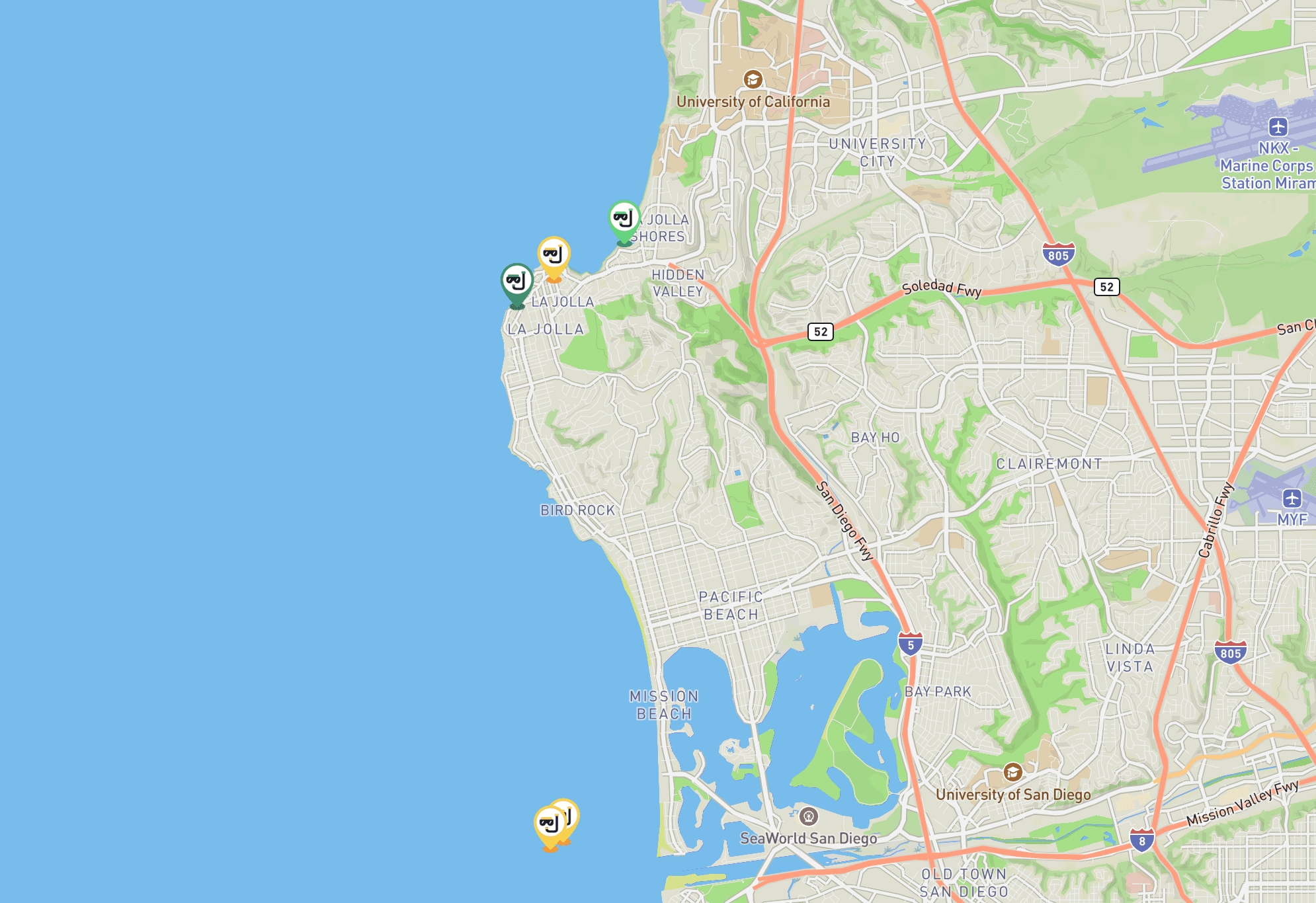 Interactive dive site map showing San Diego dive locations
